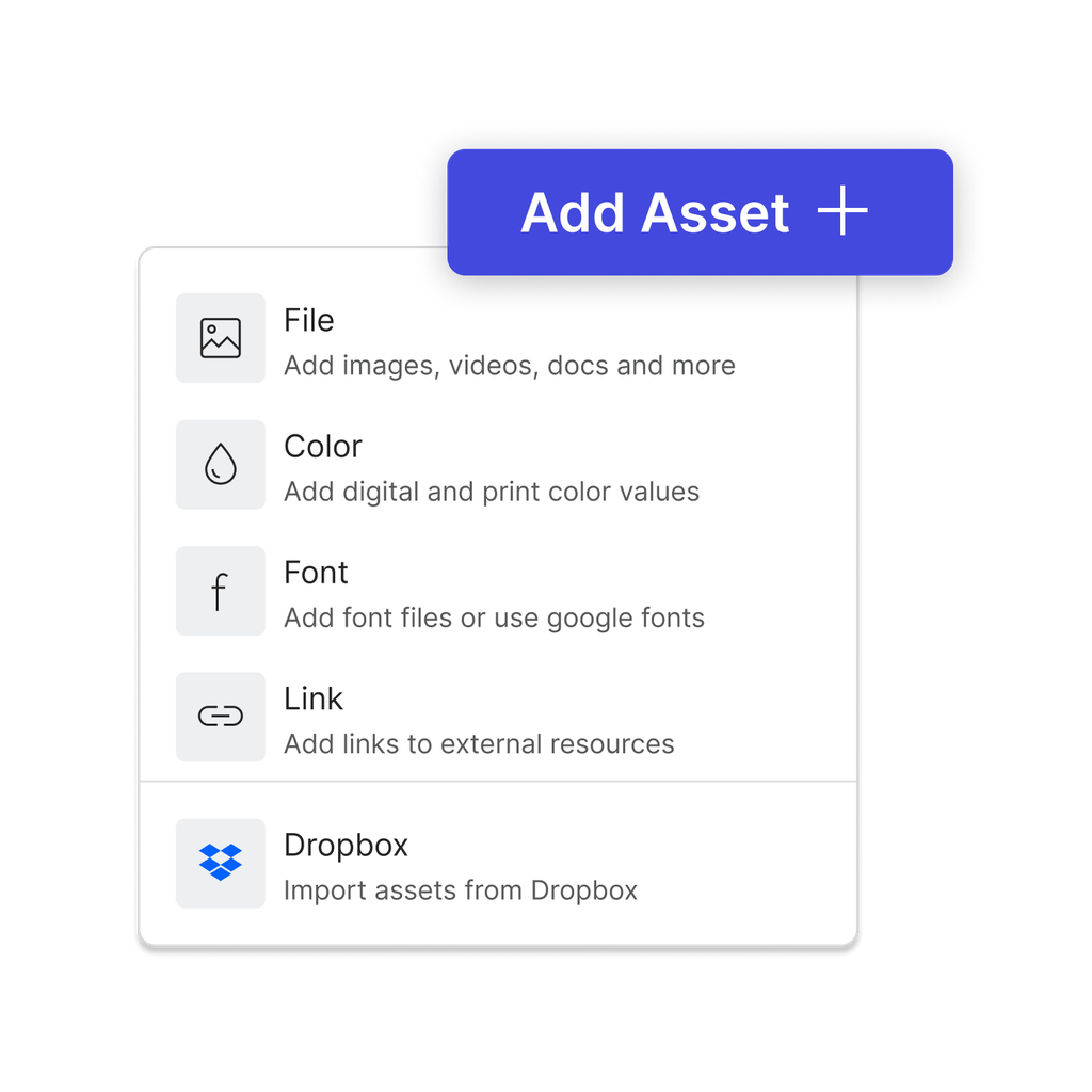 An add asset button with options to add a file, color, font, link or to import from dropbox.