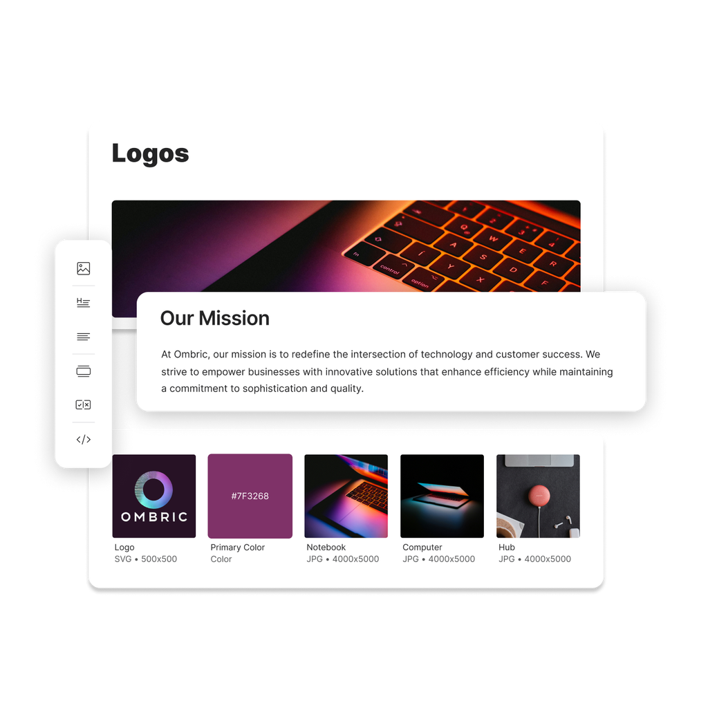 A brand portal including some contextual information along side their logo, brand color and other images.