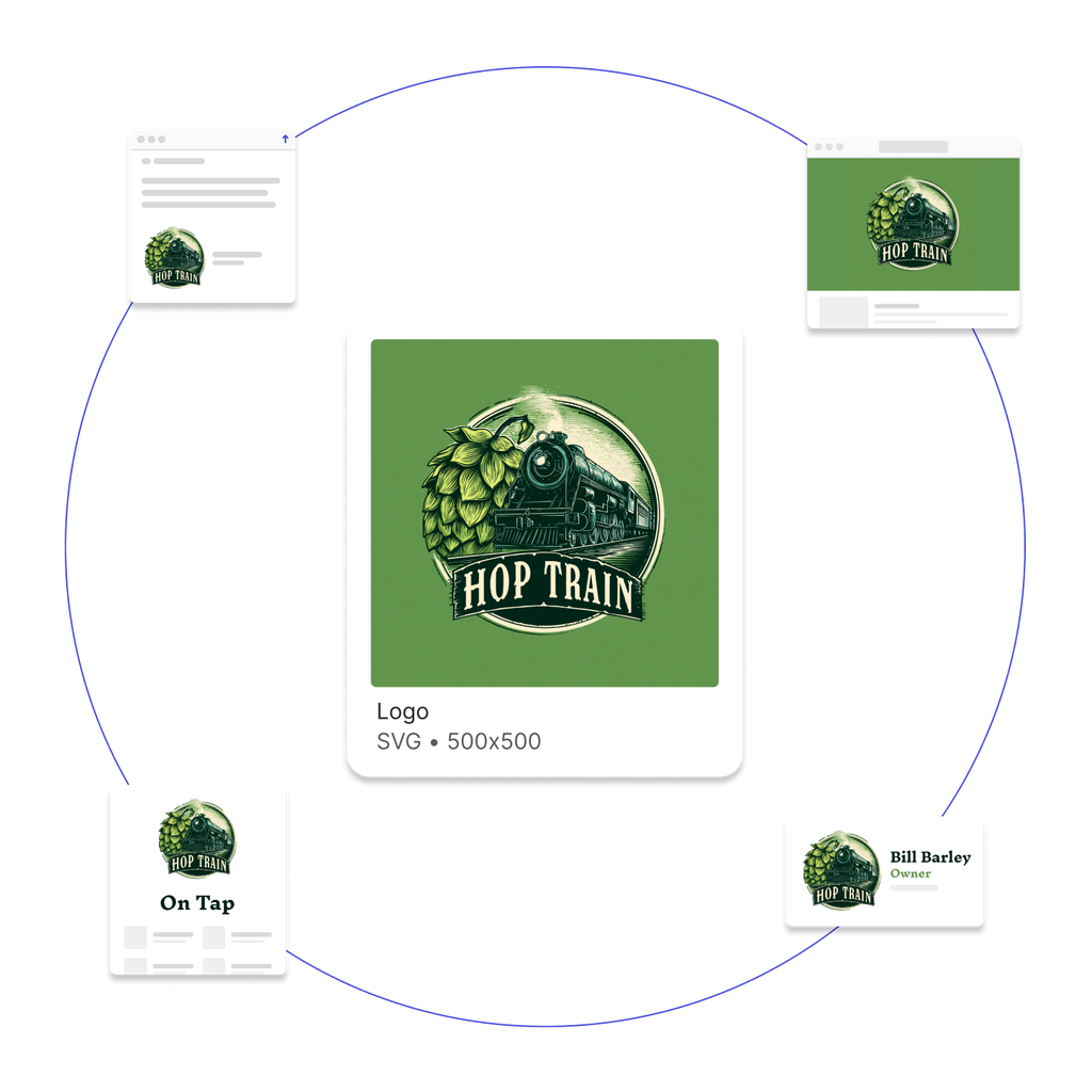 A brewery brand logo surrounded by the same logo being used in a document, website, email, and business card showing how the brand is used consistently in various places.