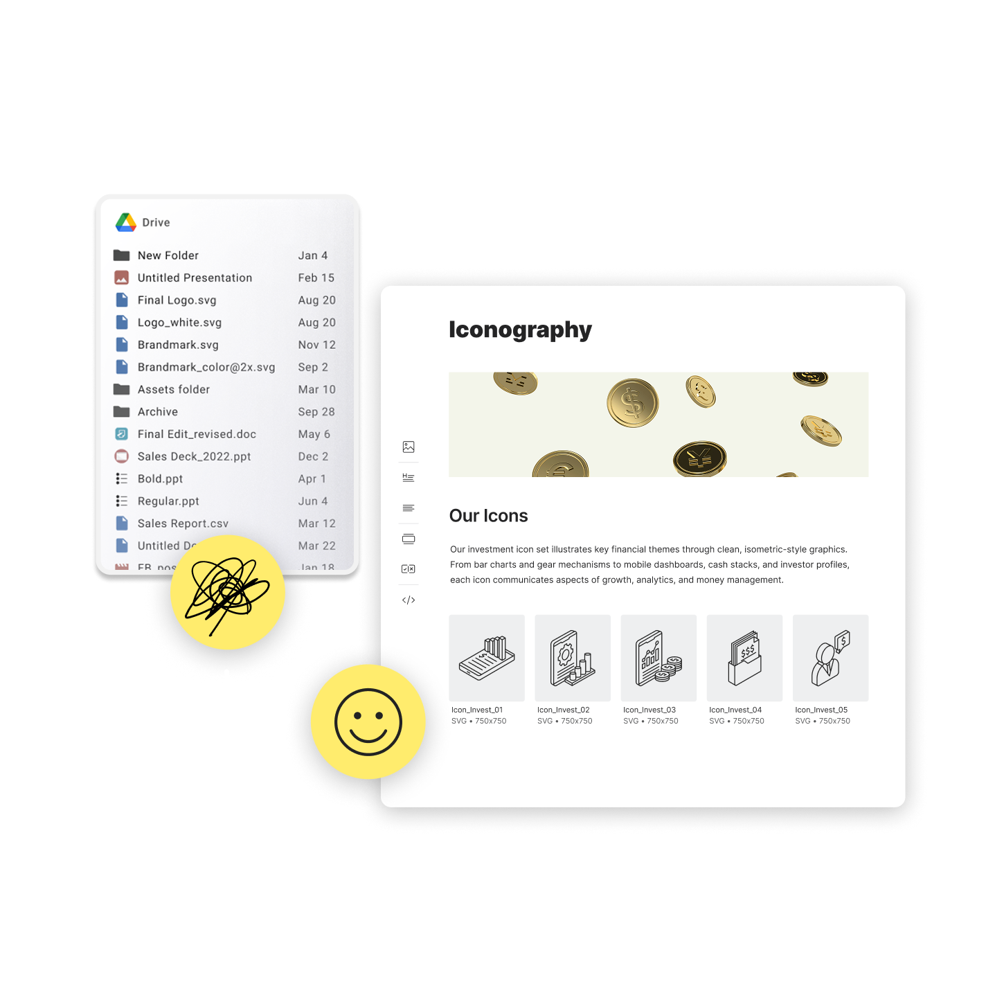 A nicely organized photography kit with a smiley face on it floating over a list of files from Google Drive with complicated and confusing file names