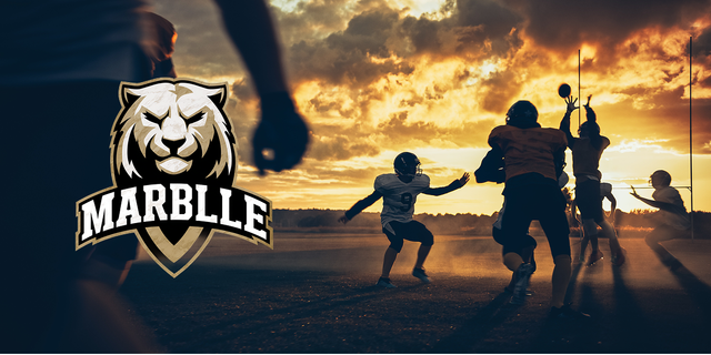 A football team playing in the sunset with a college emblem overlayed.