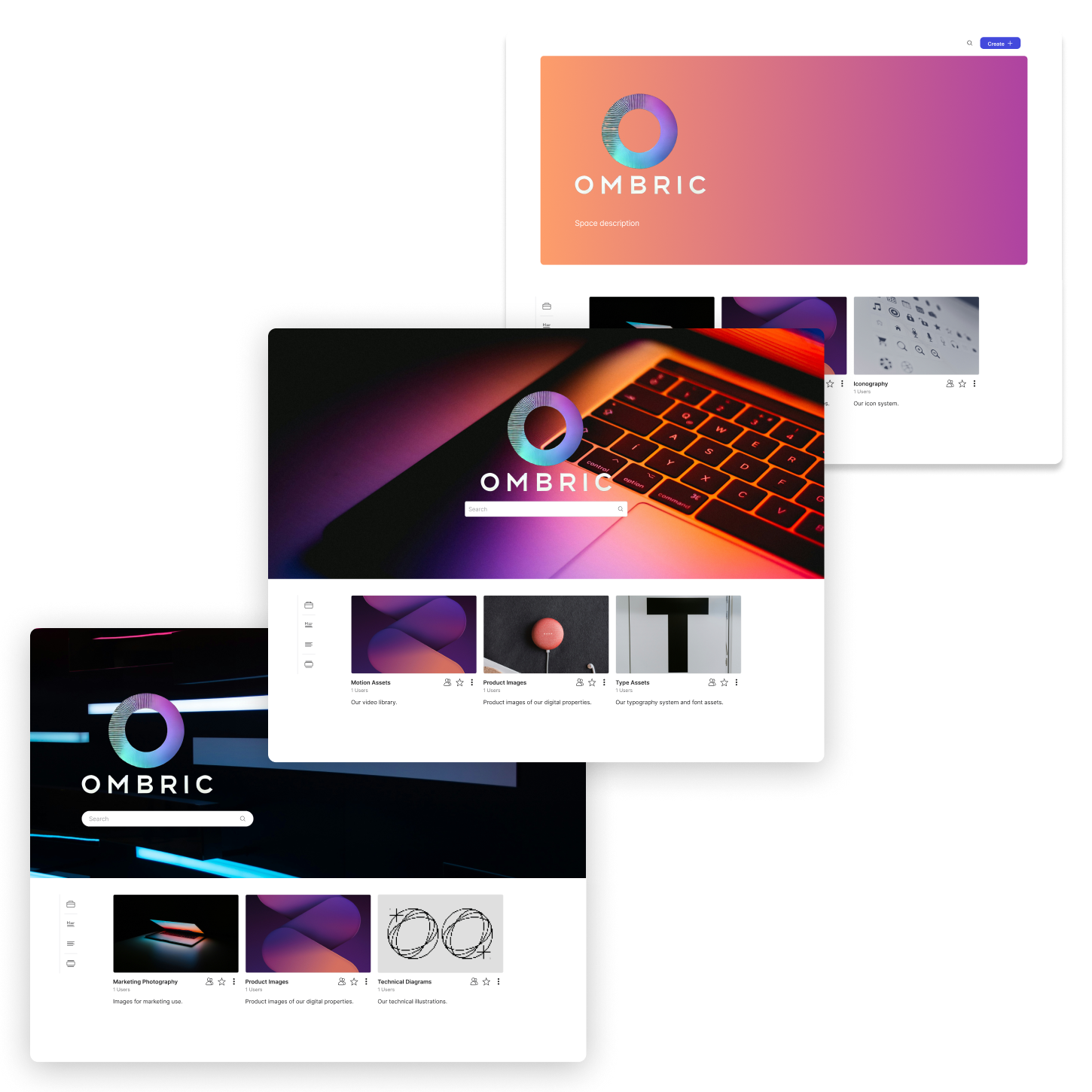 Three brand portals for a tech company showing the diverse use cases for lingo within an single organization. Each portal is customized with a different look and feel.