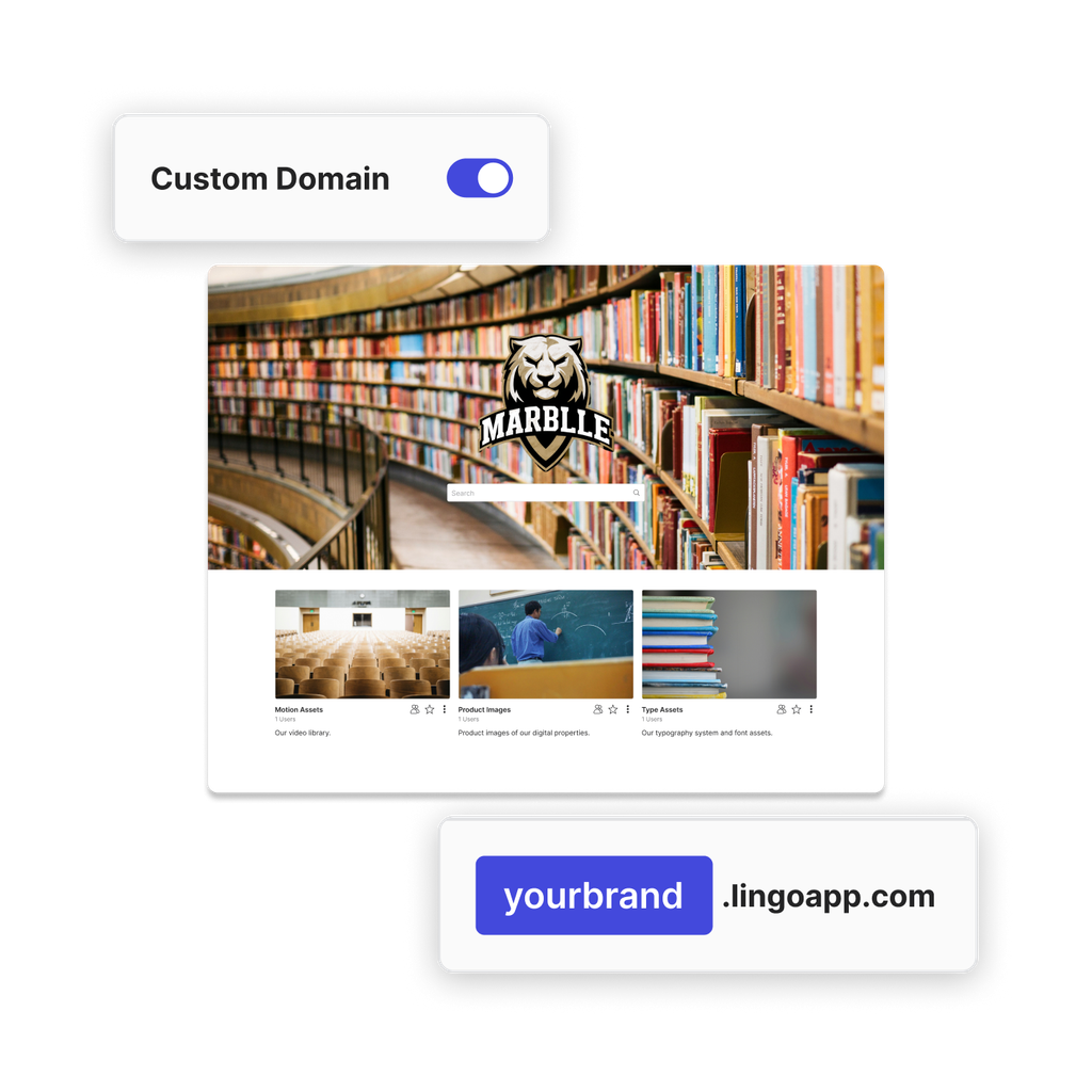 A college brand portal showing a custom domain toggle and the an address bar with  a custom domain in it.