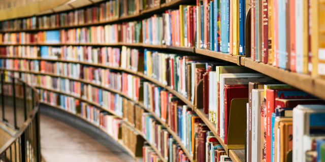 A row of books in a school library