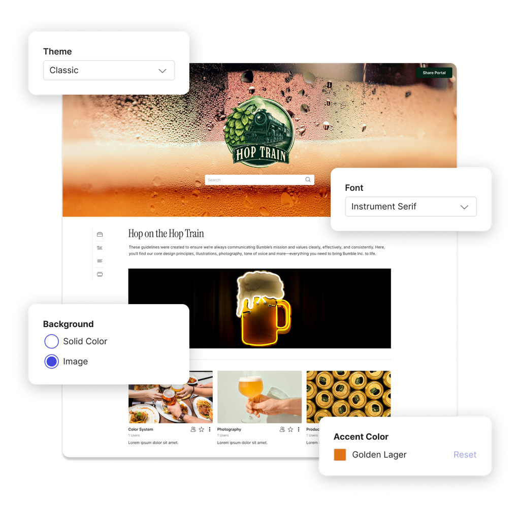 A brand portal for a brewery with options to customize the page floating over it.