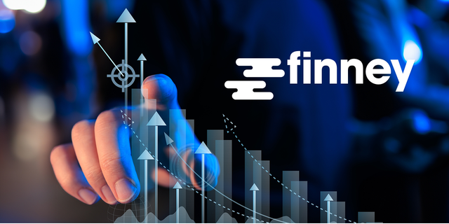 A hand pointing to a chart and a finance brand's logo