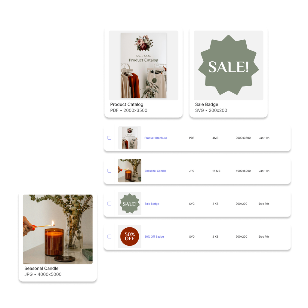 Three larger square images with their metadata, along side the same assets shown in a table with more metadata.
