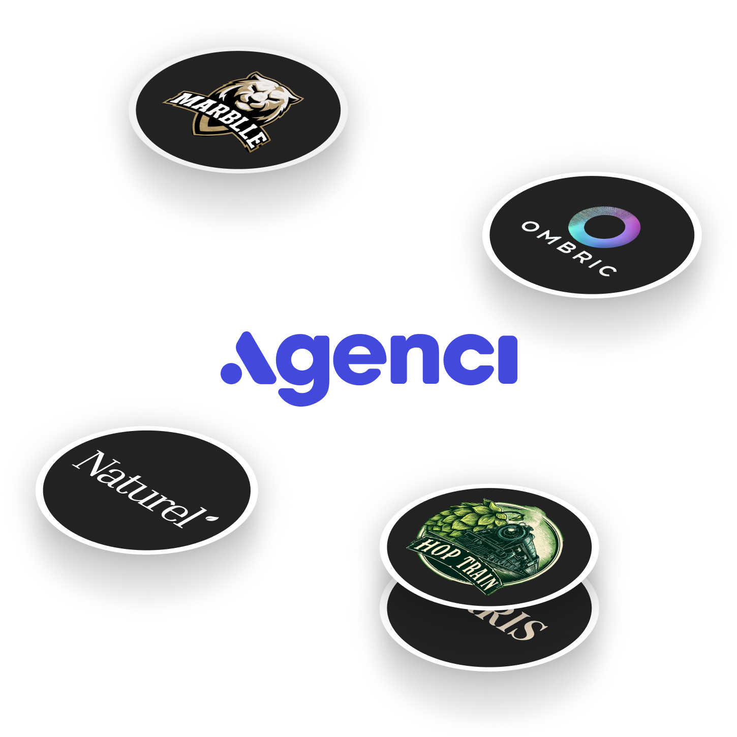 An logon for a branding agency with brand logos floating around it.