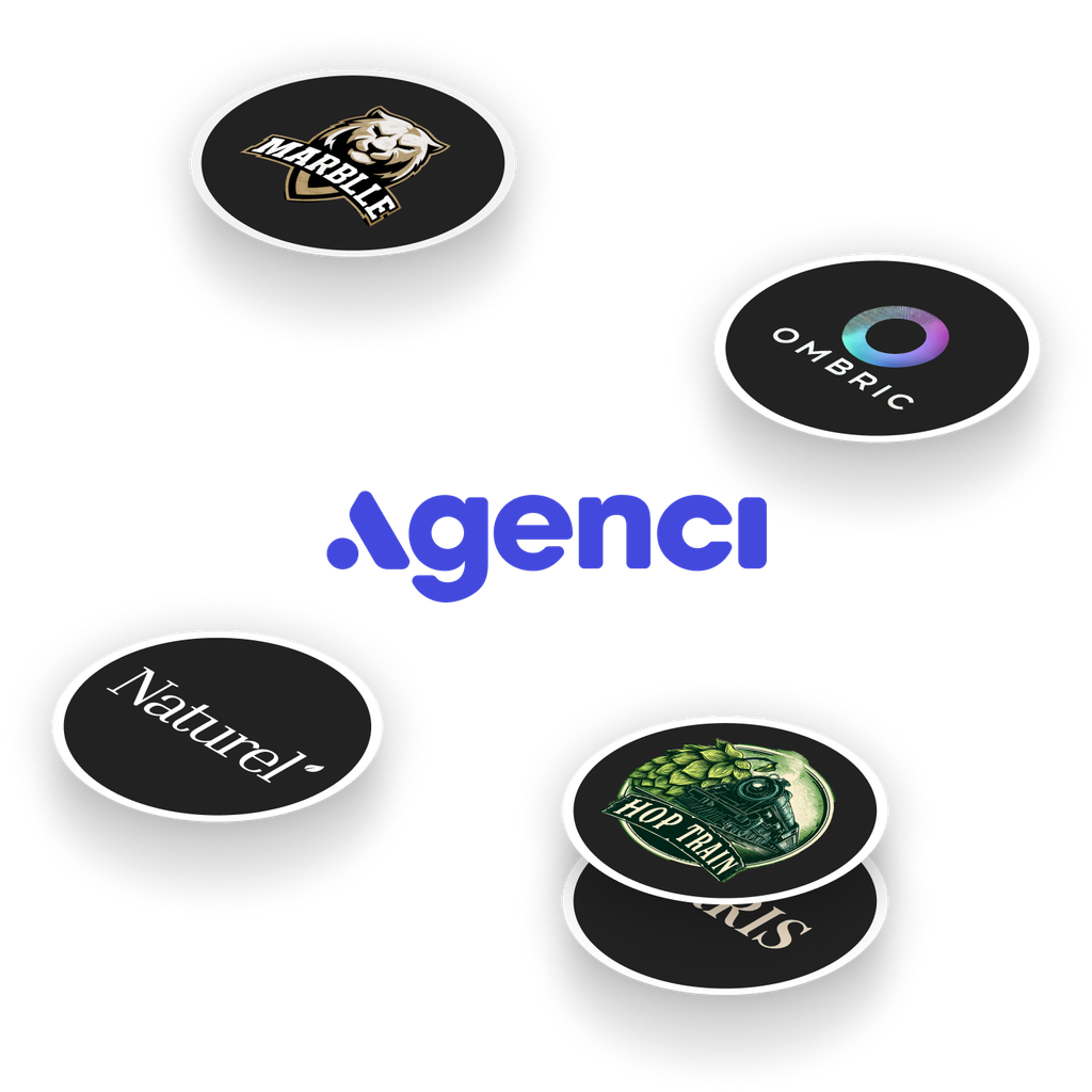 An logon for a branding agency with brand logos floating around it.