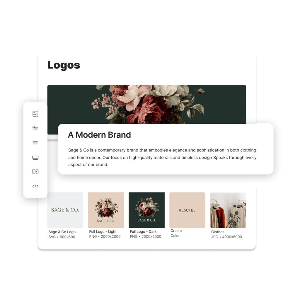 A clothing brand portal including some contextual information along side their logo, brand color and other images.