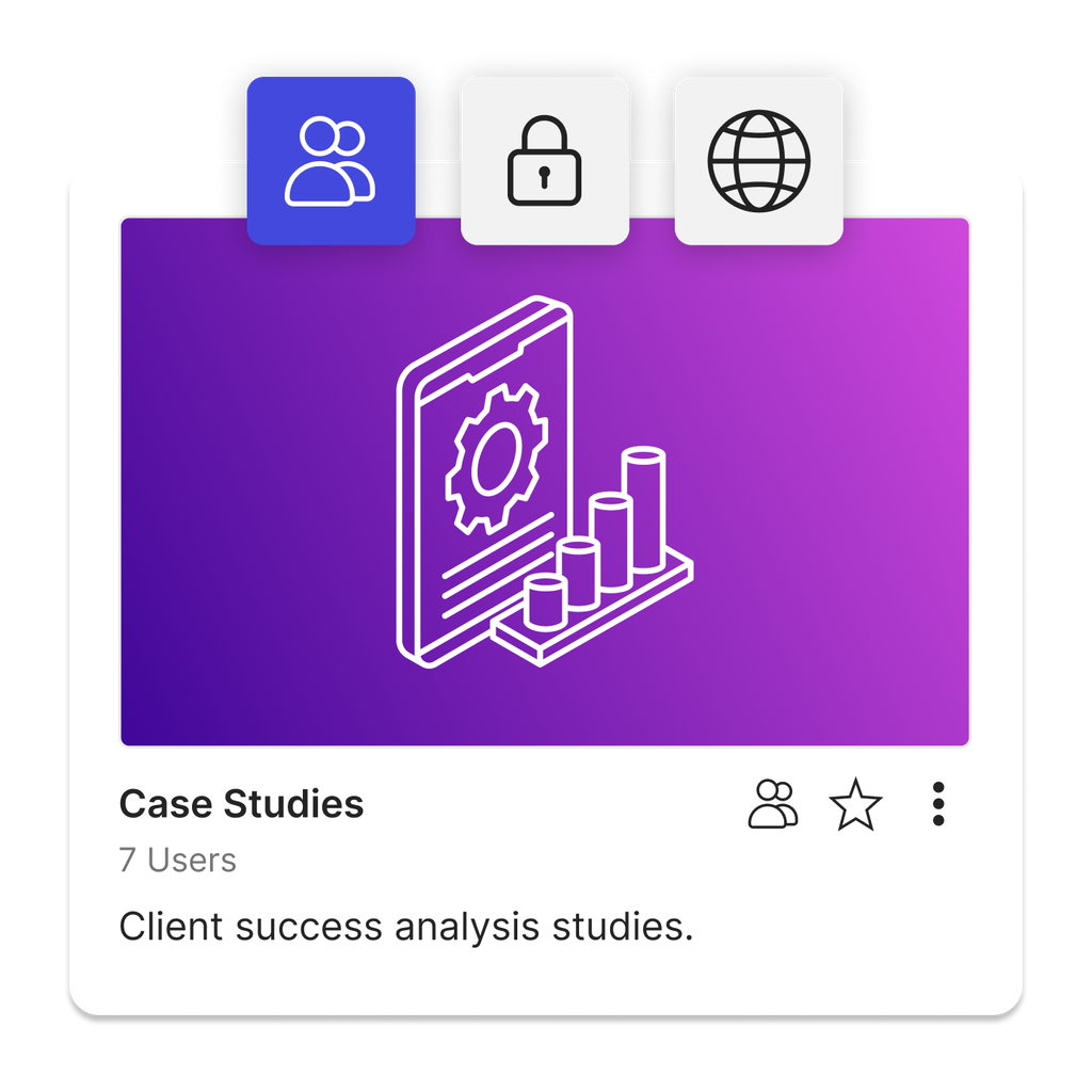 A Case Studies kit with 3 tiles showing the various options for sharing including private, password protected and public.