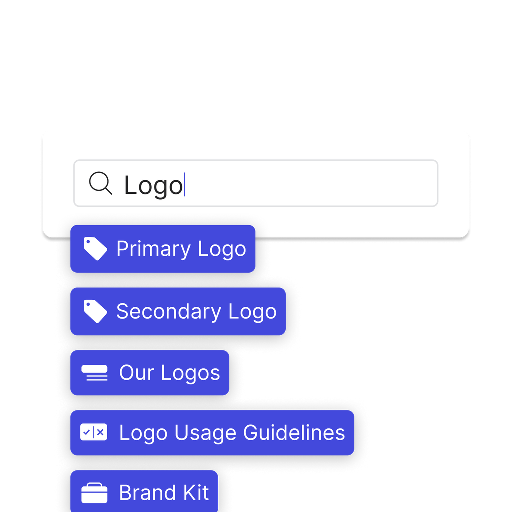 A search field with the word logo and suggestions that match different types of content like kits, assets, guidelines and tags.