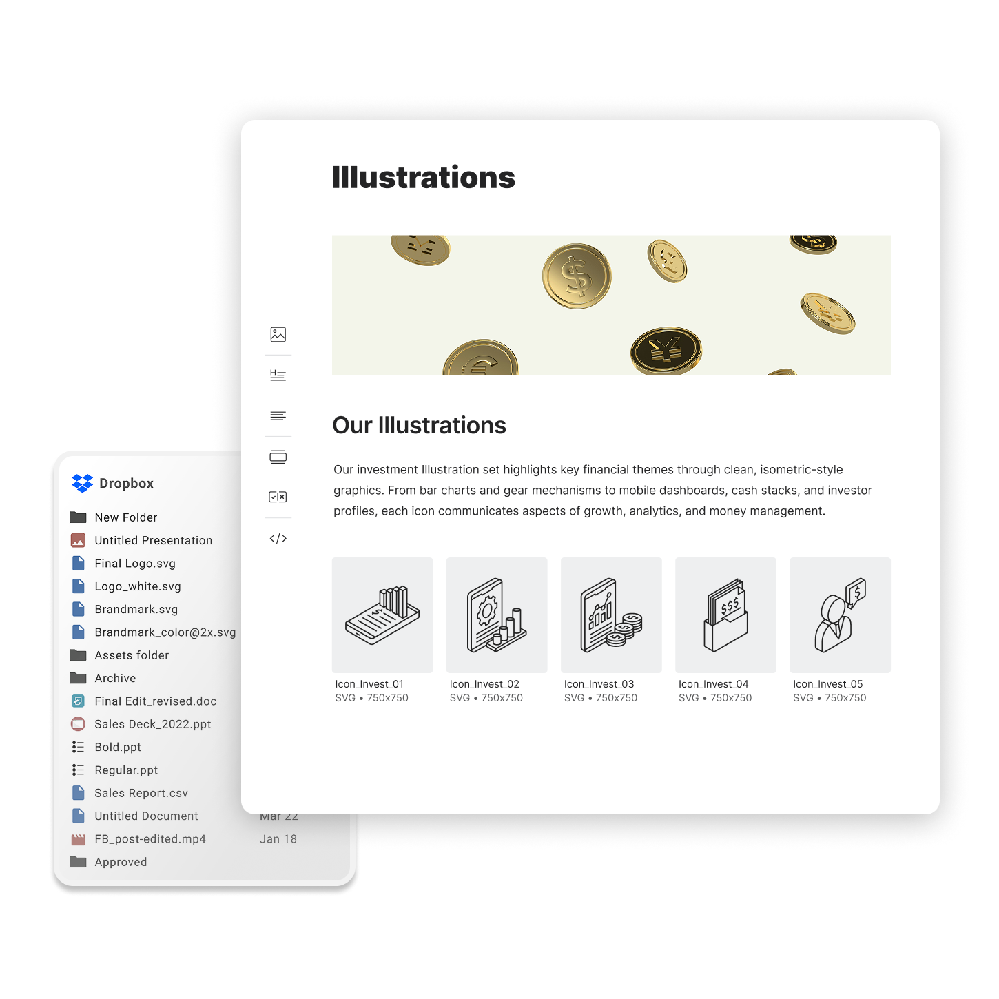 A nicely organized photography kit floating over a list of files from Dropbox with complicated and confusing file names.