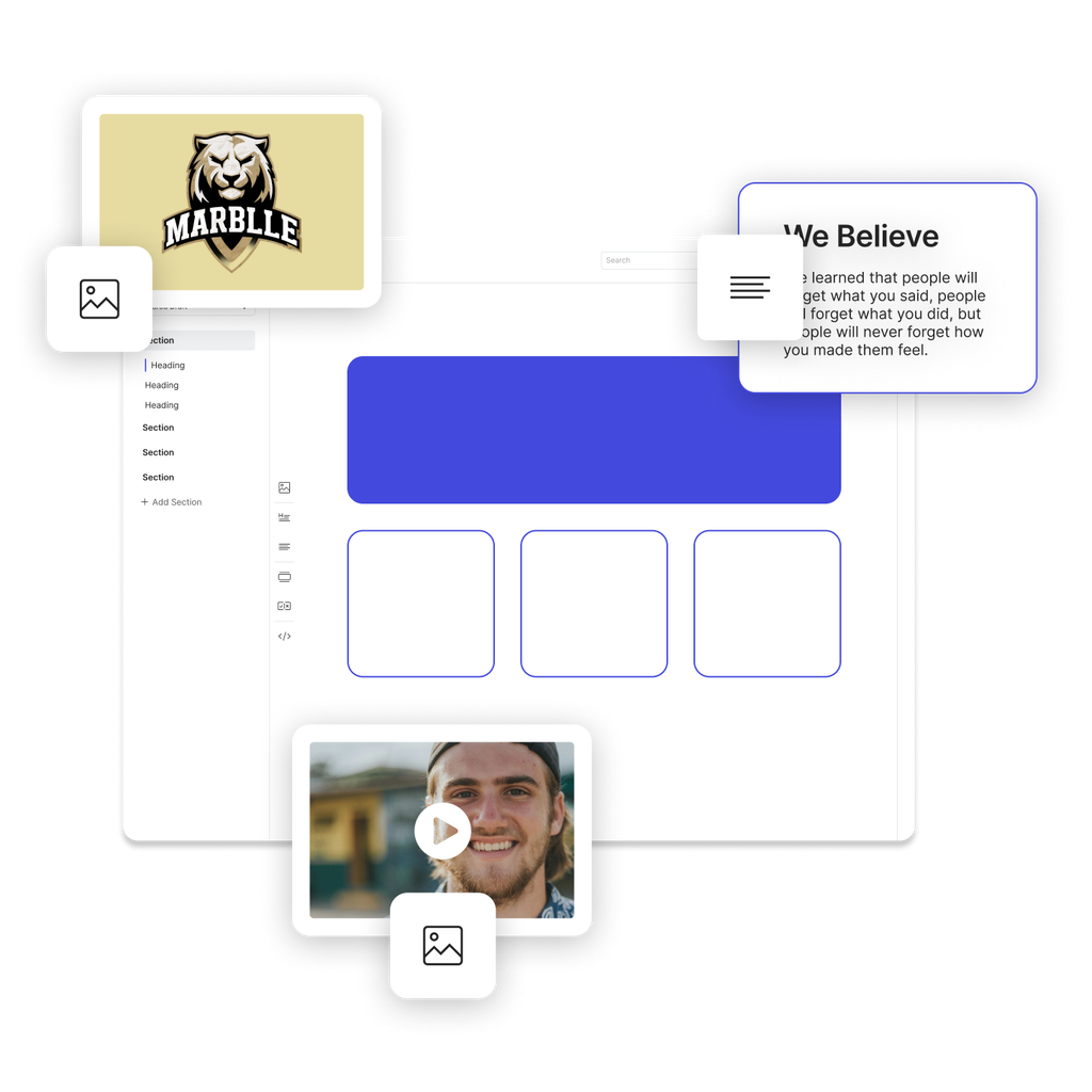 A brand kit showing blocks of content being positioned via drag and drop on the interactive, customizable canvas.