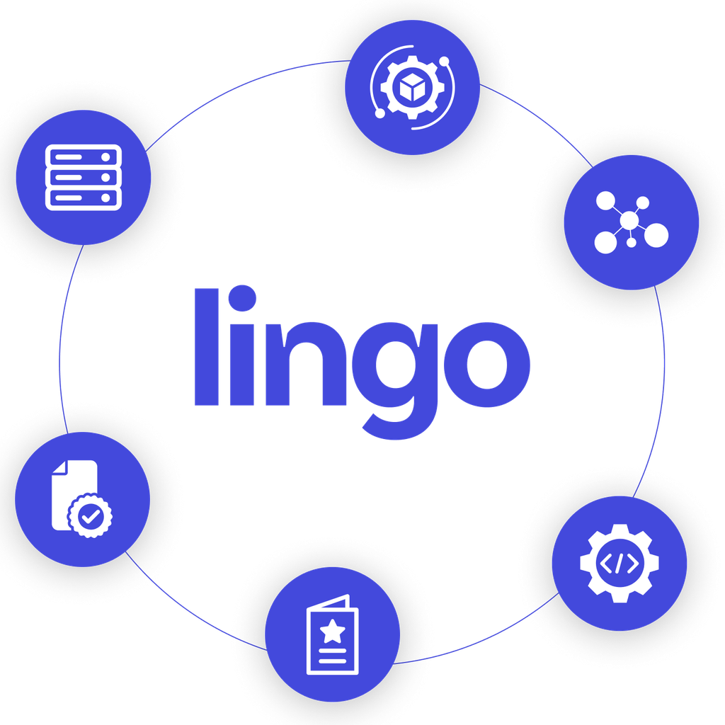 The lingo logo with icons floating around it including a server, a gear, a page with a checkmark on it, a book.