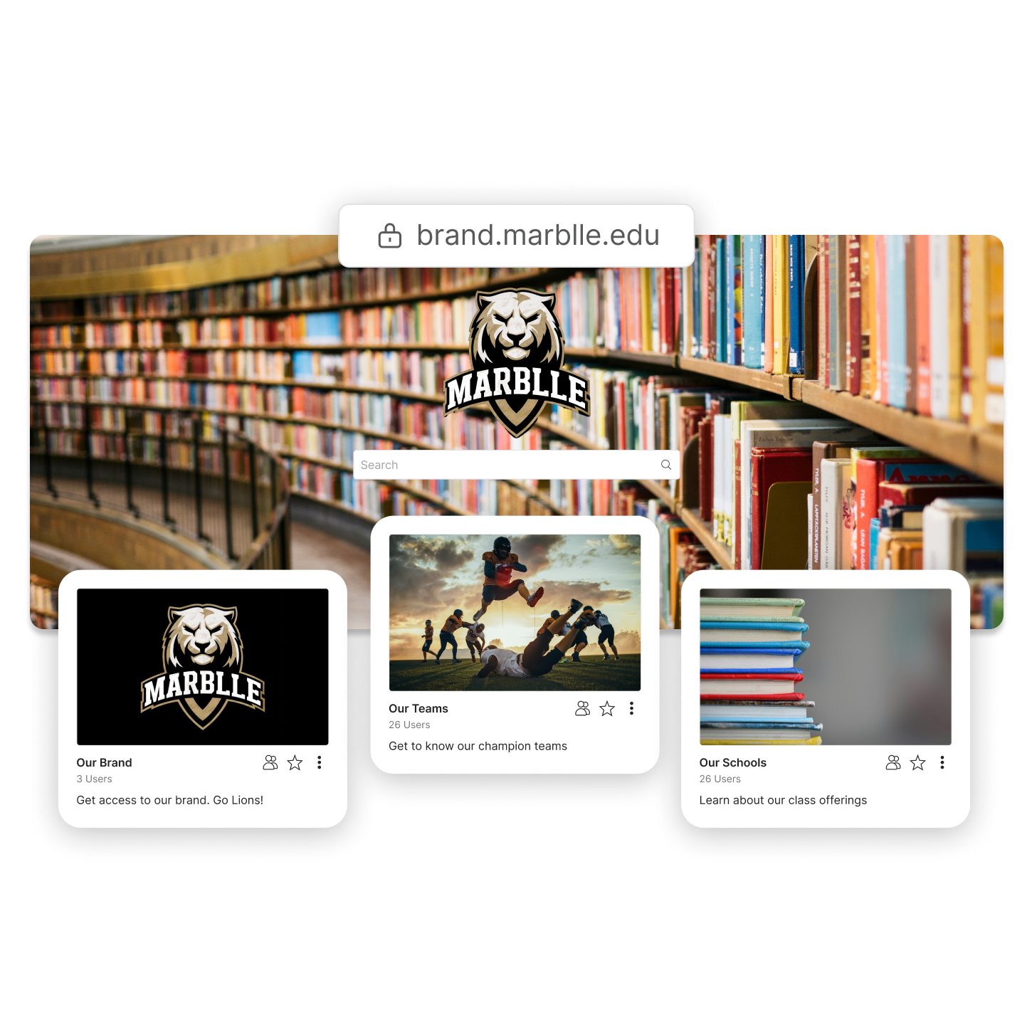 A customized brand portal for Marblle College with a custom domain and kits for brand, teams, and schools.