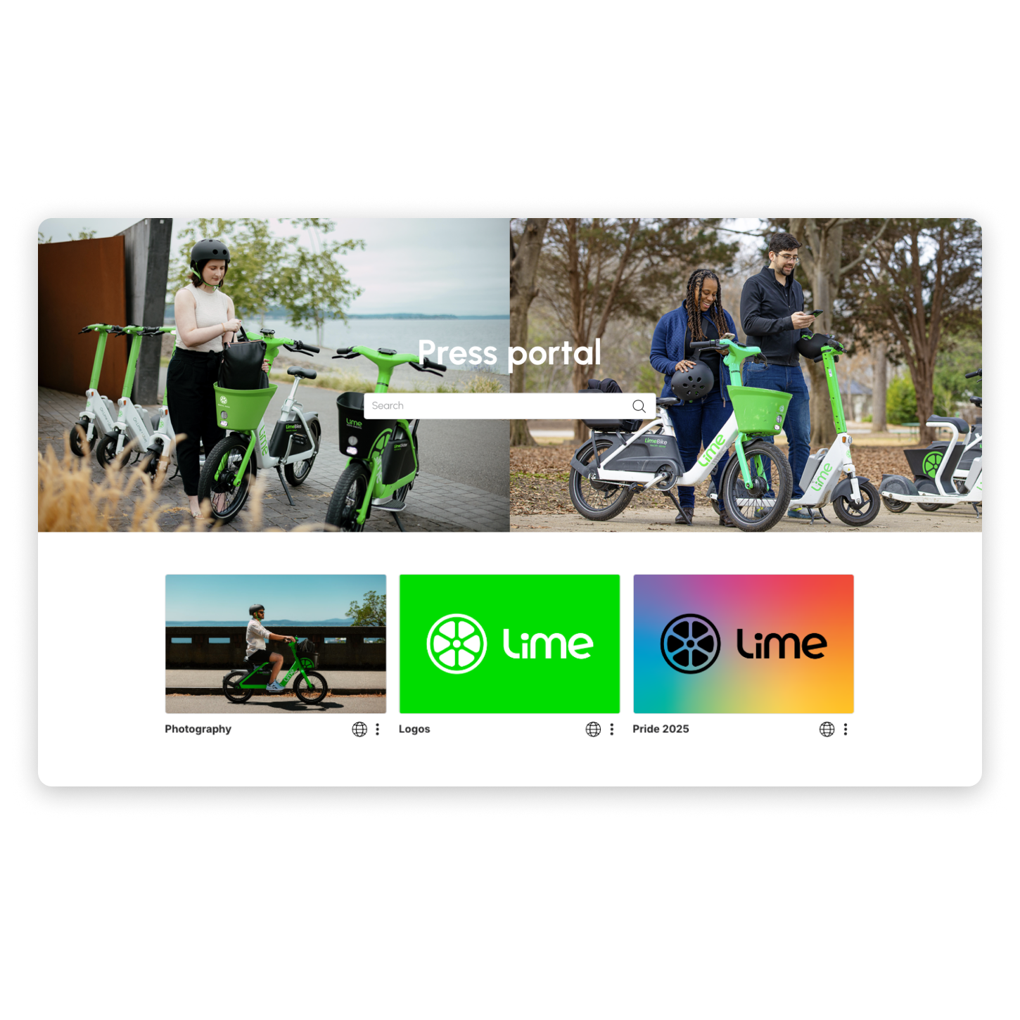 The press portal for Lime showing their kits to distribute their brand content.