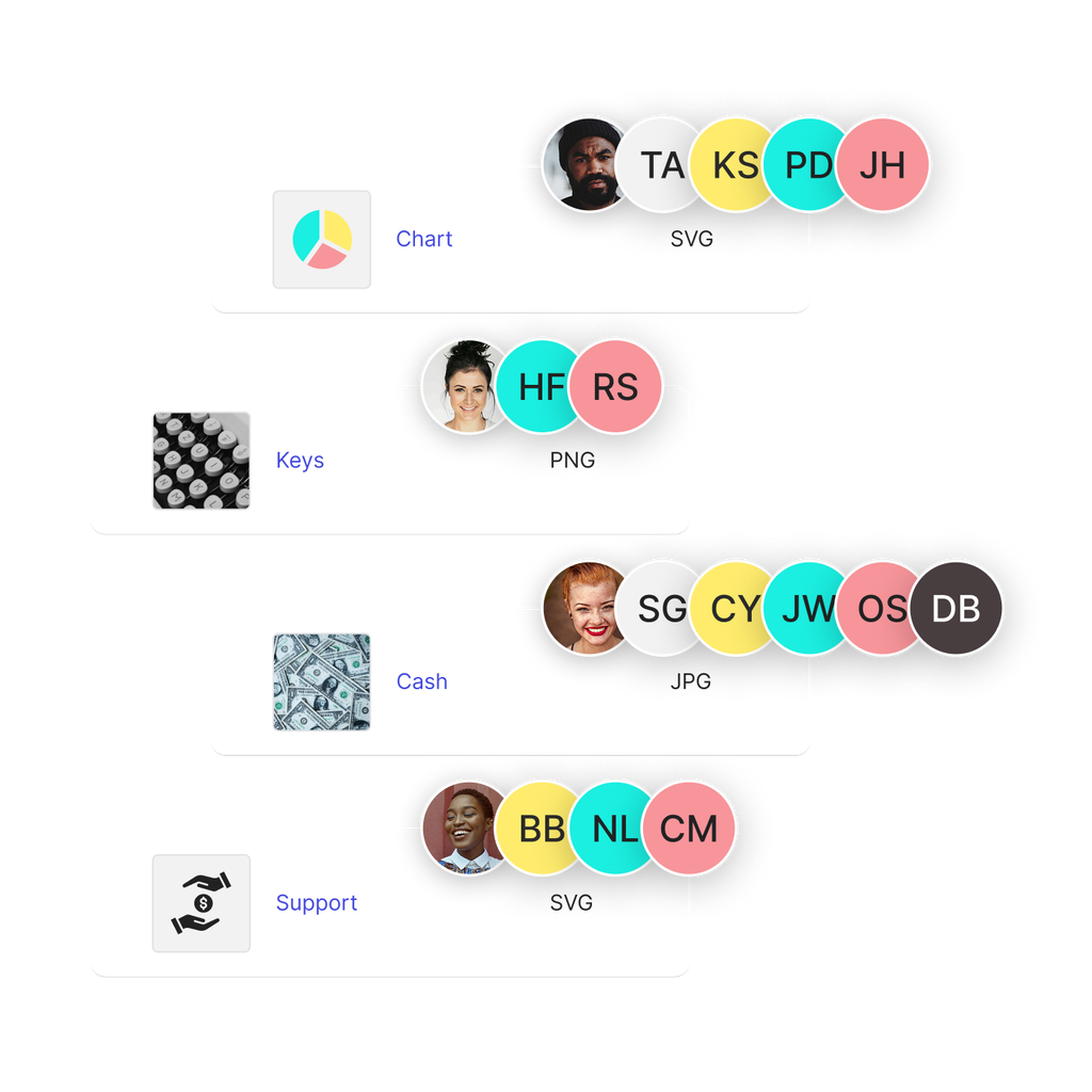 A few assets with user profile images stacked up over them showing who used each asset.