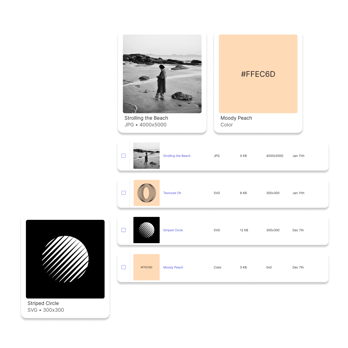Three larger square images with their metadata, along side the same assets shown in a table with more metadata.