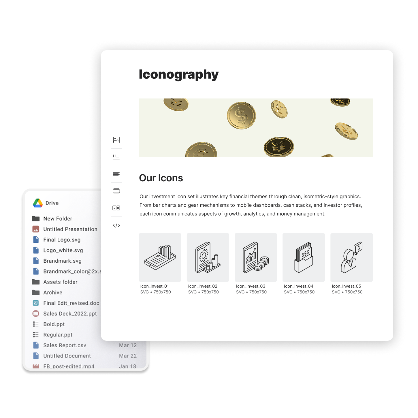 A nicely organized photography kit floating over a list of files from Google Drive with complicated and confusing file names.