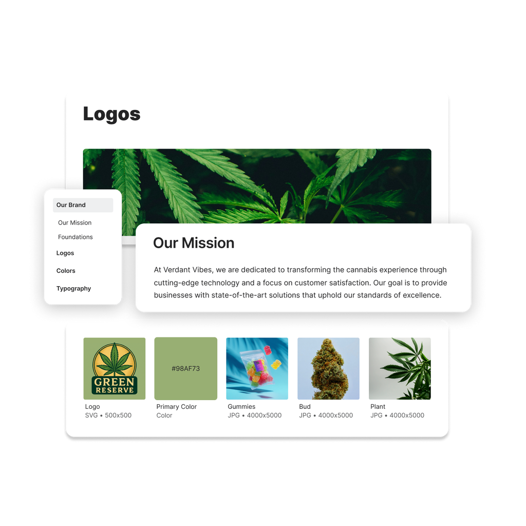 A cannabis brand portal including some contextual information along side their logo, brand color and other images.