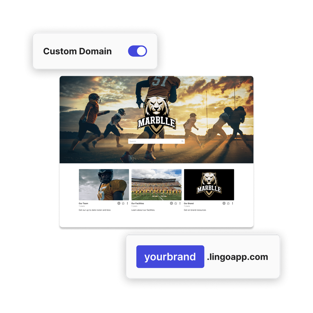 A college athletics brand portal showing a custom domain toggle and the an address bar with  a custom domain in it.