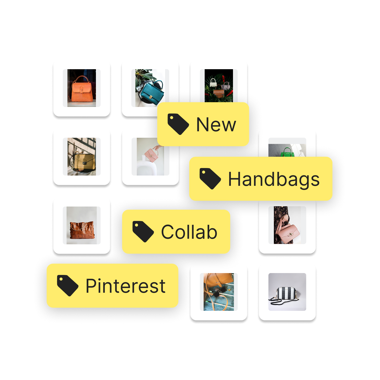 A collage of assets with tags overlayed.