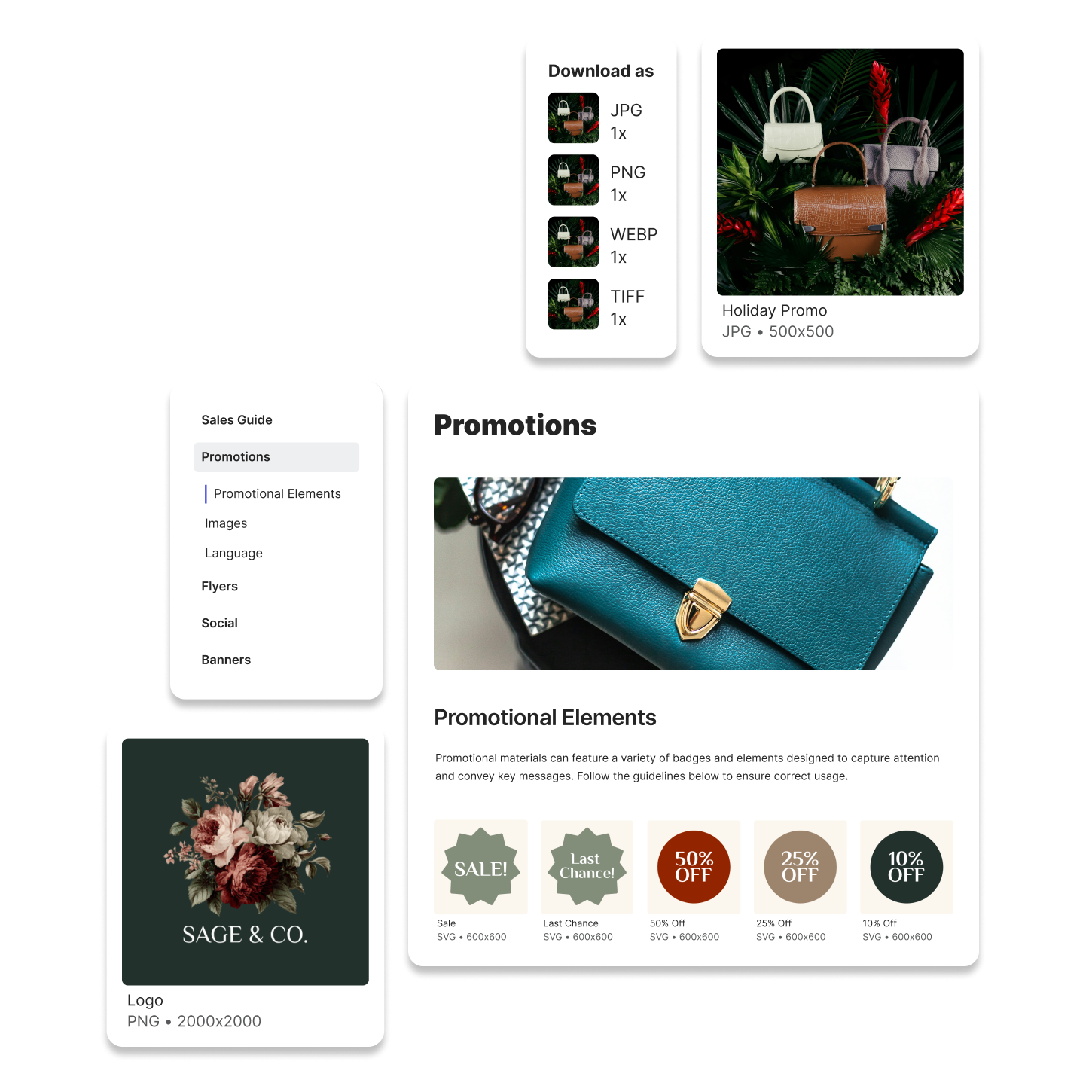 A collage of lingo features highlighting a lifestyle brand's sales portal. Includes self serve export options, a navigation elemnt, a mix of logos, photography and contextual information about the brand.