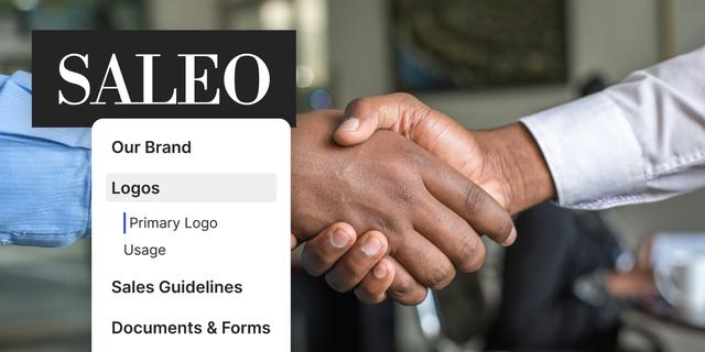 A photo of hands shaking and a sales company logo along side the outline of their brand portal including logos and sales guidelines.