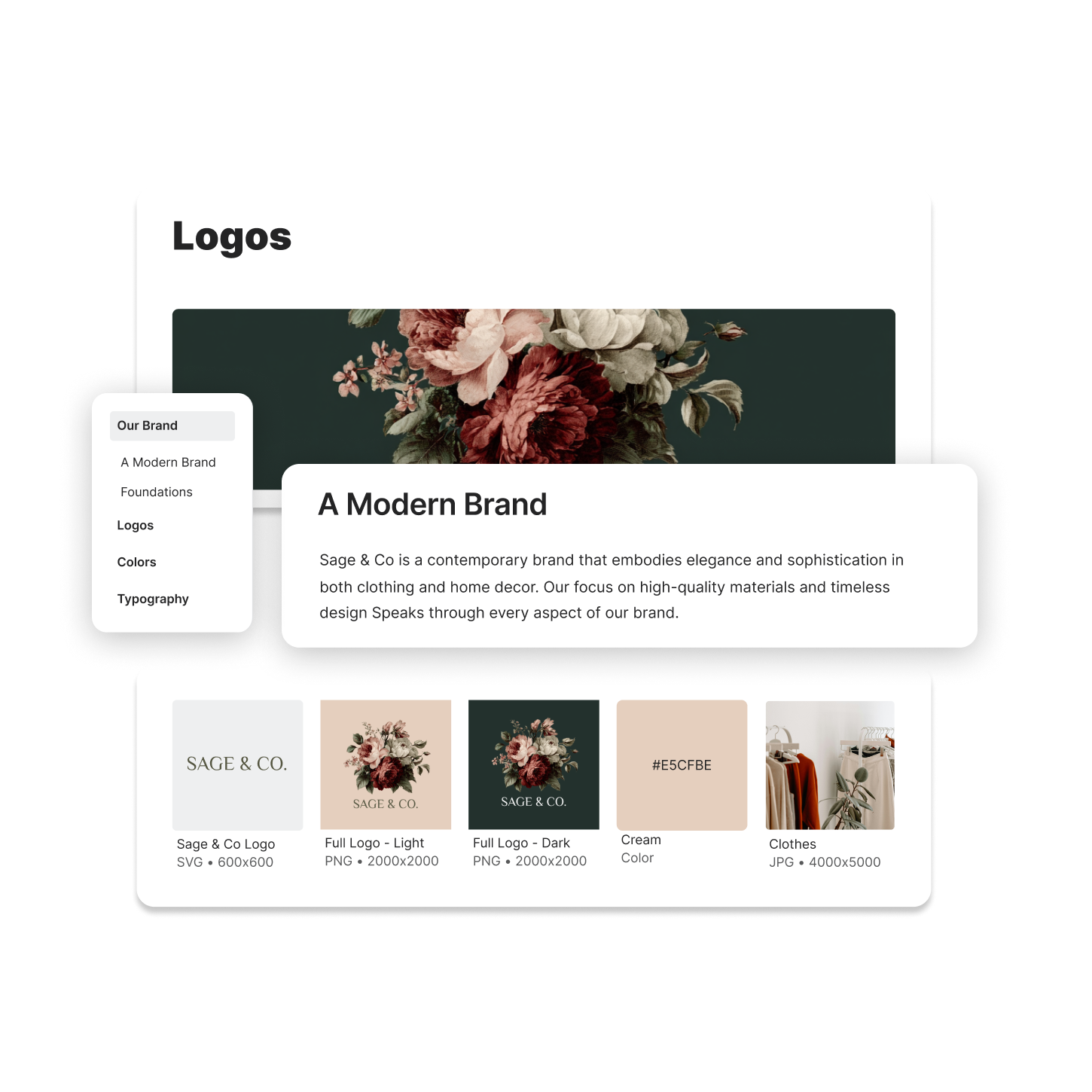 A clothing brand portal including some contextual information along side their logo, brand color and other images.