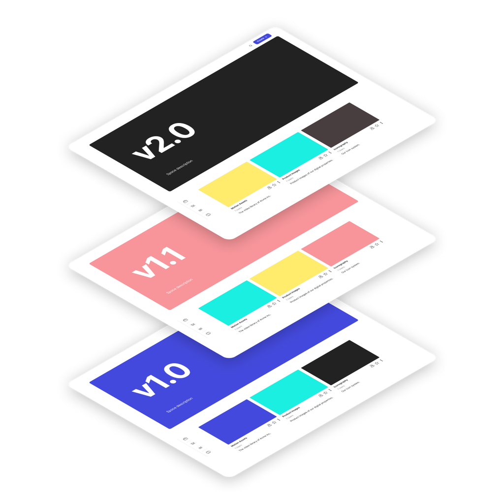 3 brand portals stacked up and labeled v1, v1.1 and v2. With kit versioning you can keep snapshots of your kits as they evolve over time.