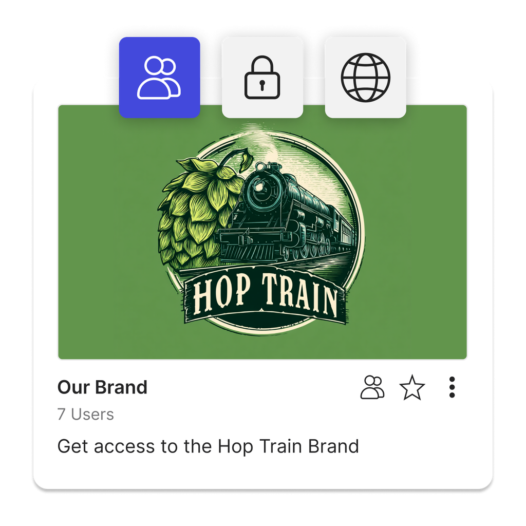 A brewery brand kit with 3 tiles showing the various options for sharing including private, password protected and public.