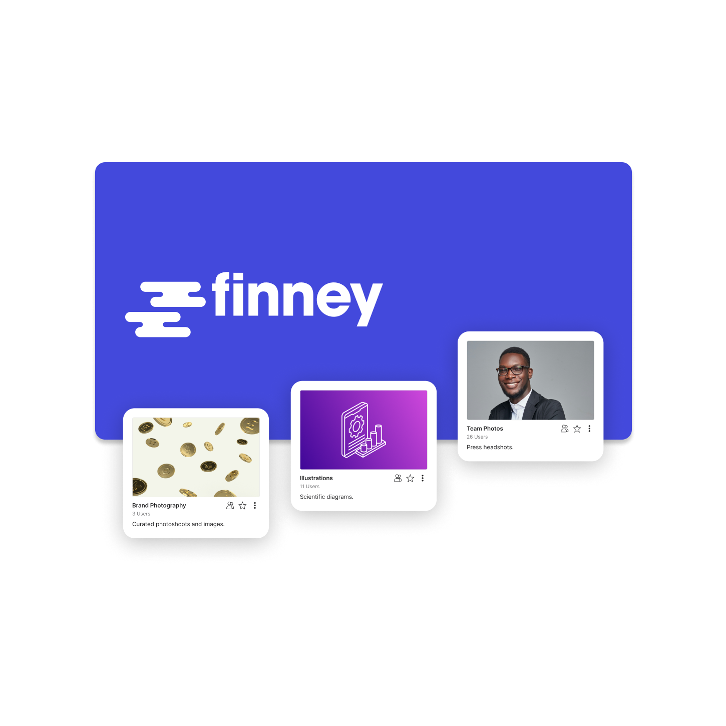 A customized brand portal for the Finney brand showing kits for photography, illustrations and team photos.