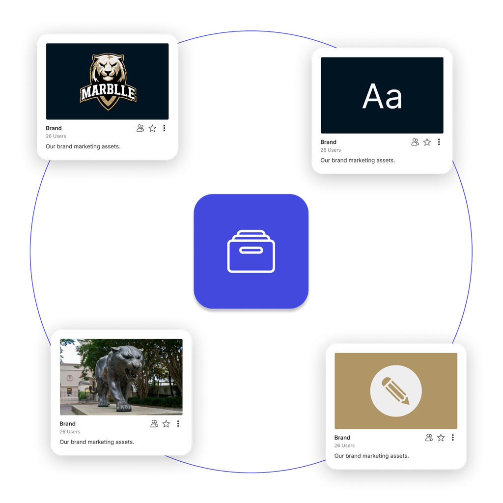 A storage icon with various assets floating around it including a logo, font, photo and an icon.
