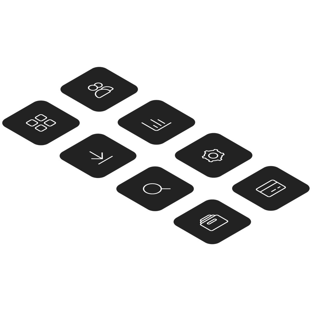 A collection of icons on black tiles.