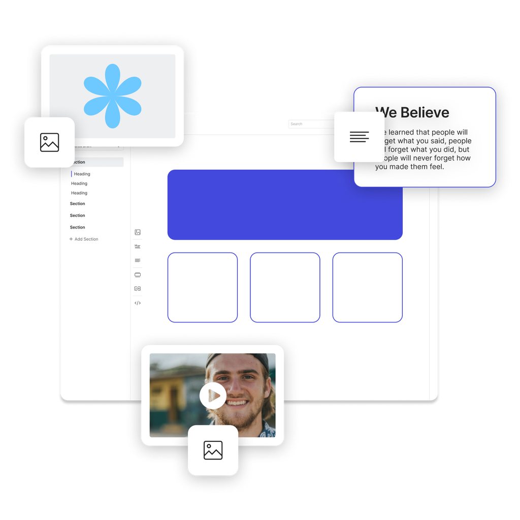 A brand kit showing blocks of content being positioned via drag and drop on the interactive, customizable canvas.