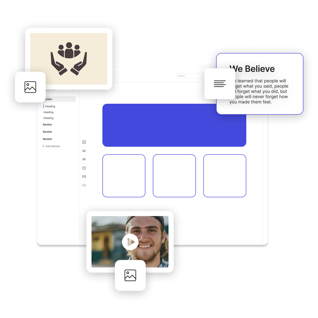 A brand kit showing blocks of content being positioned via drag and drop on the interactive, customizable canvas.