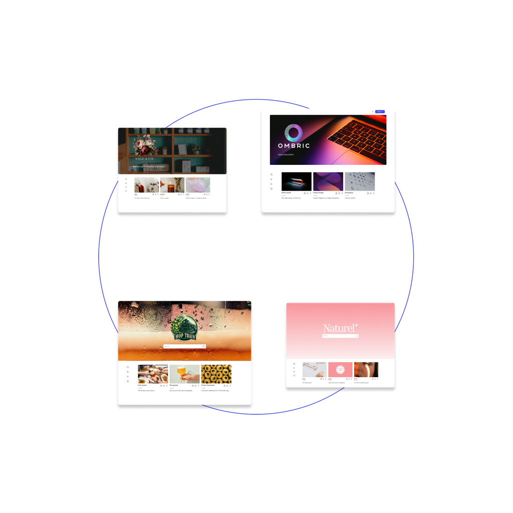 A brand agency logo with client brand portals floating around it.