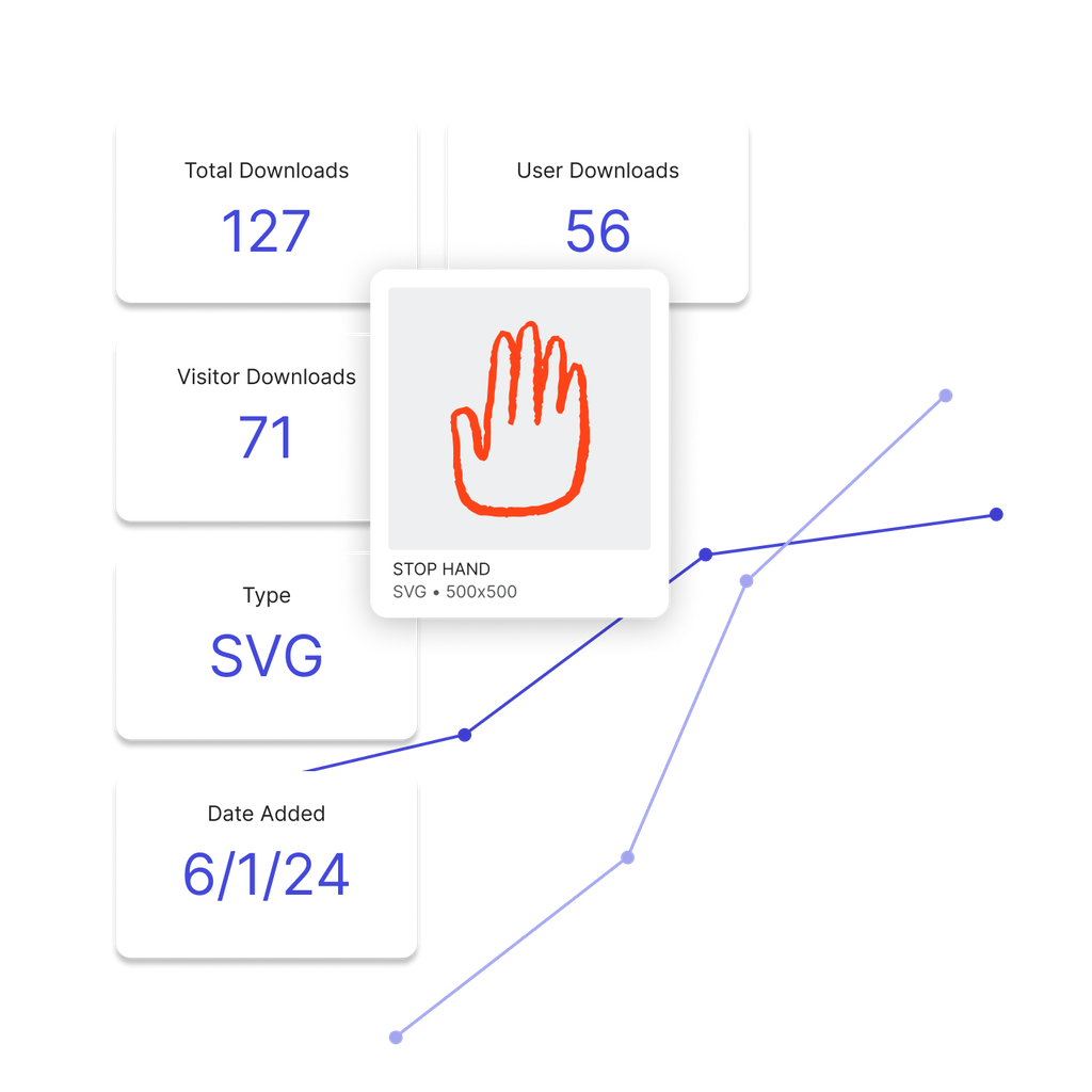 An icon asset with statistics and a graph behind it including total downloads, type and date added.