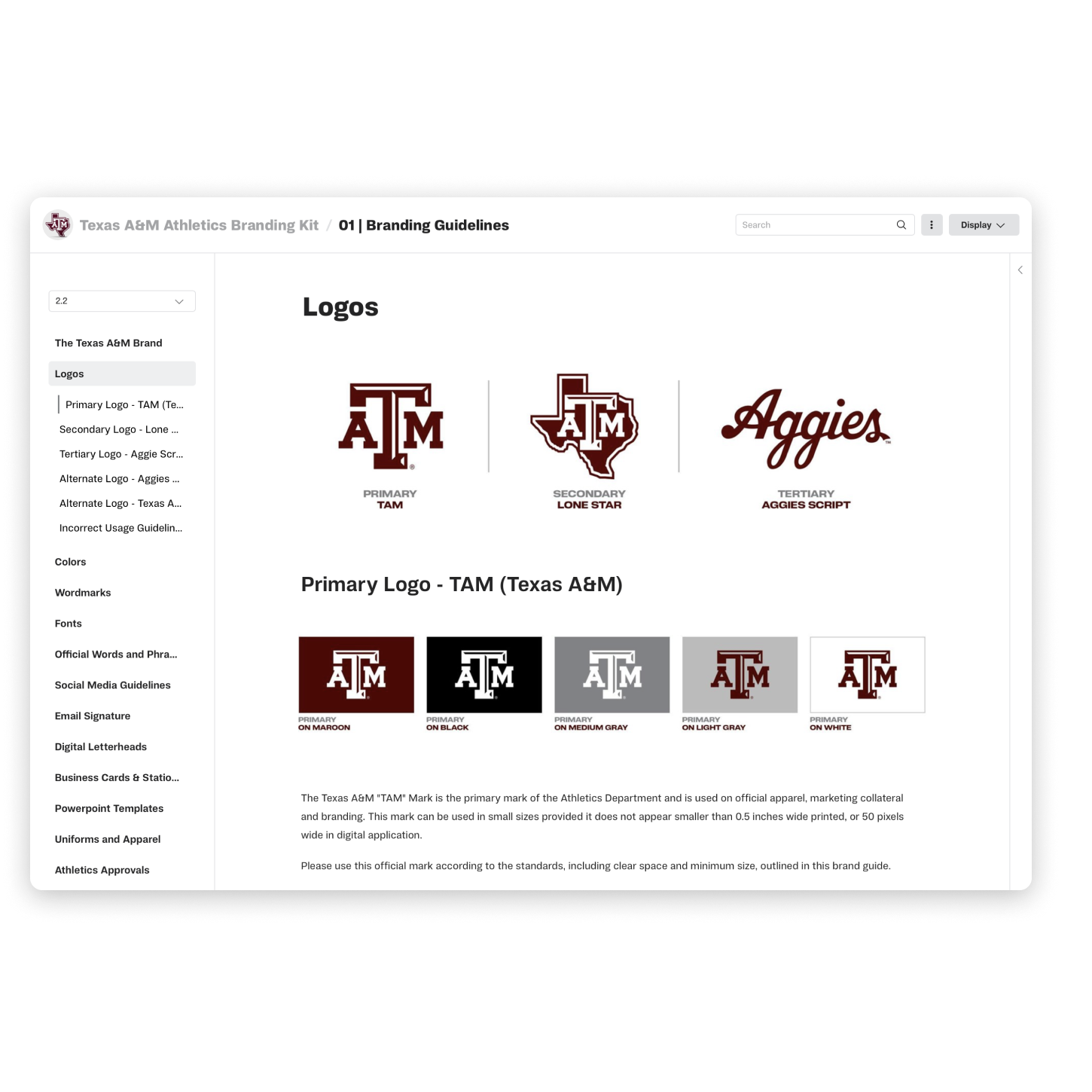 A screenshot of the brand kit for Texas A&M