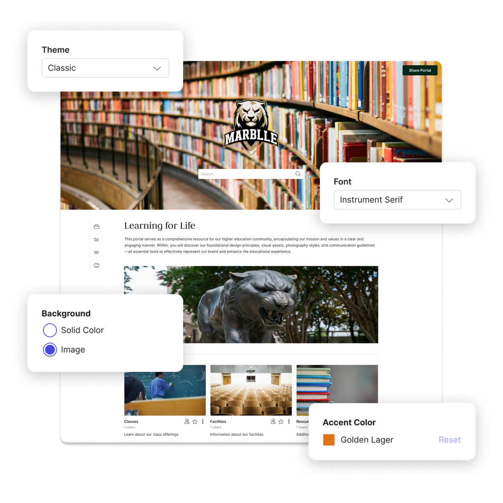 A brand portal for a college with options to customize the page floating over it.