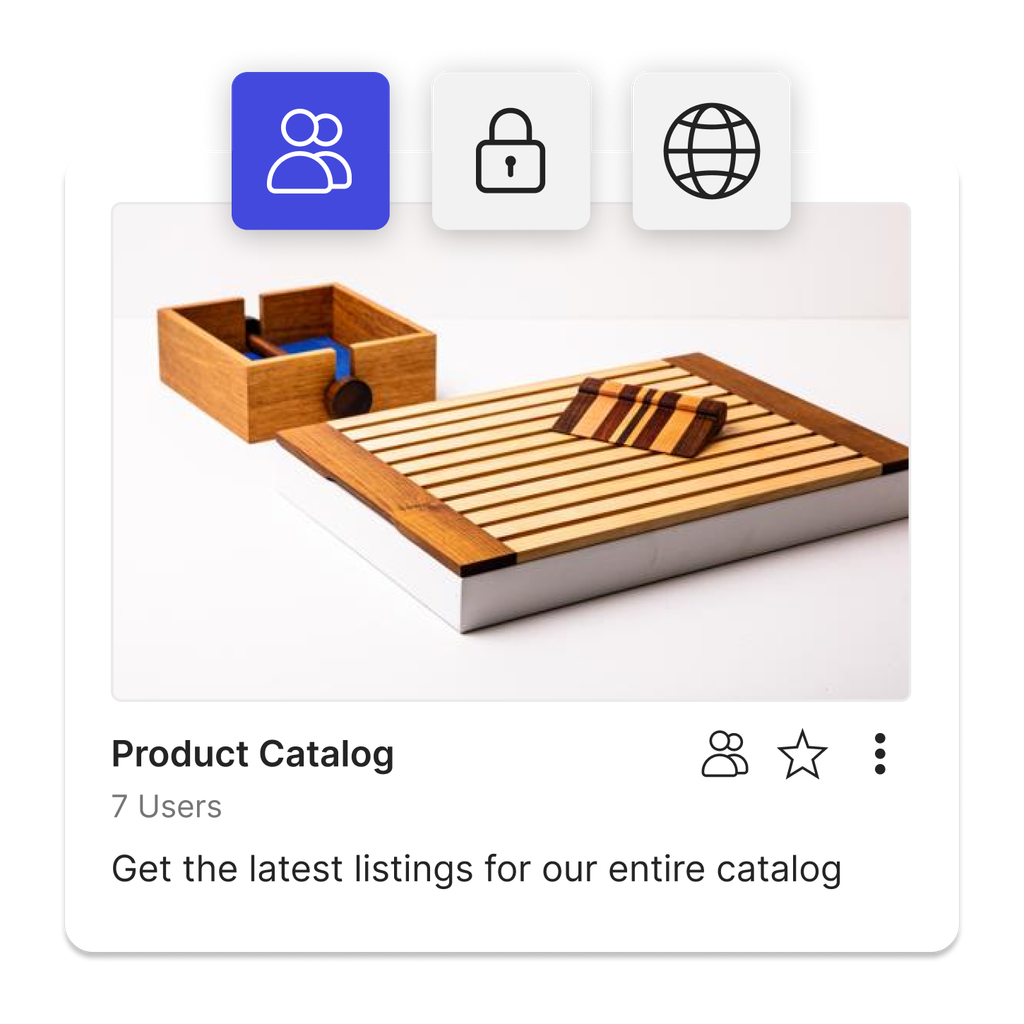 A woodworking product catalog kit with 3 tiles showing the various options for sharing including private, password protected and public.