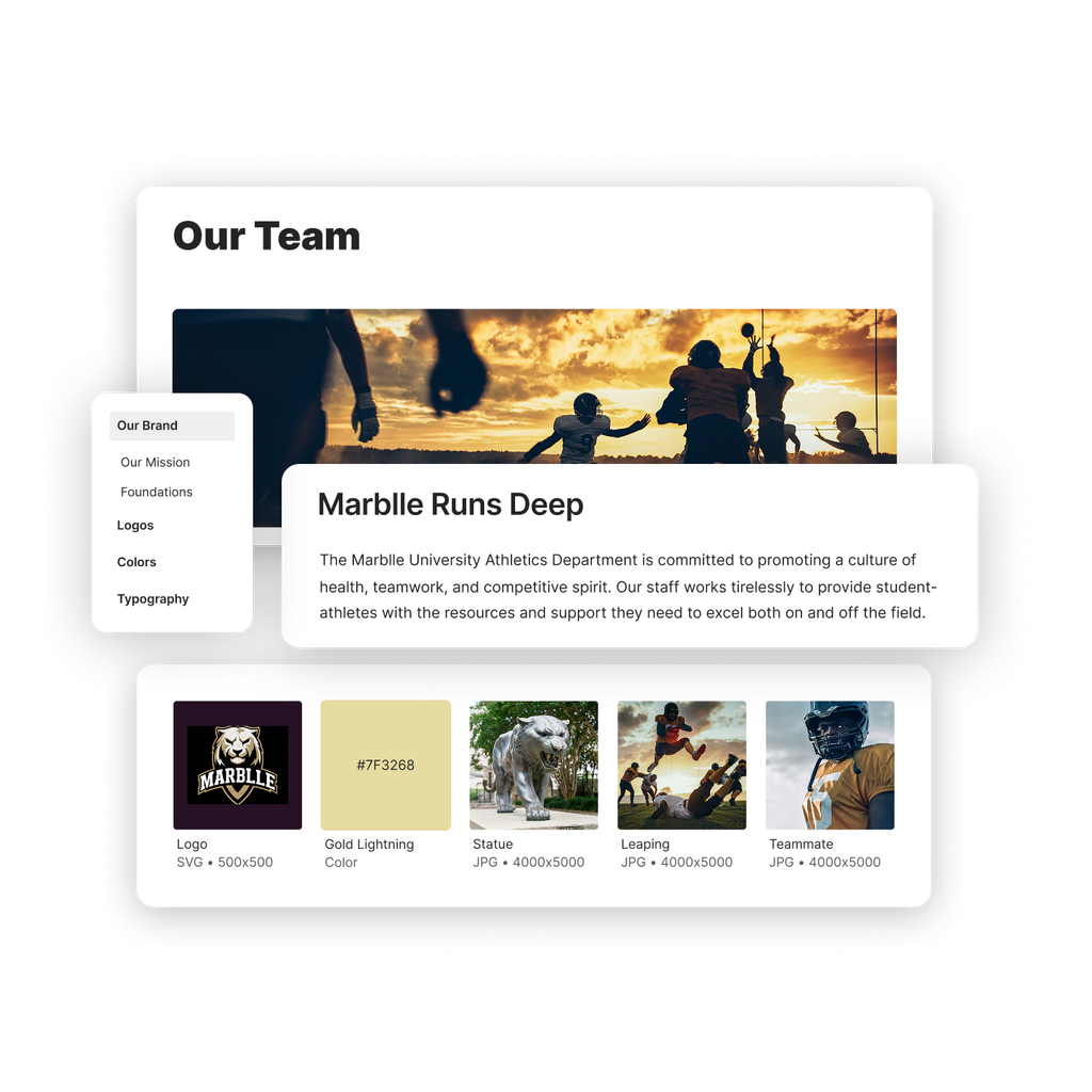 A brand portal for a college athletics department including some contextual information along side their logo, brand color and other images.