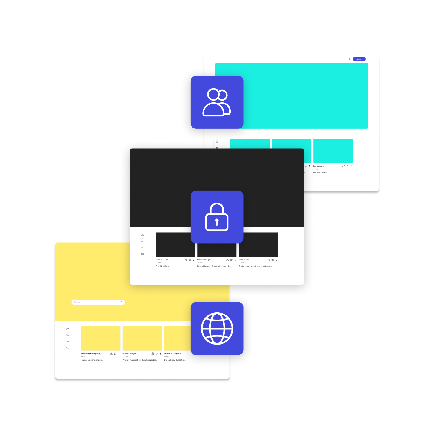 3 brand portals in different colors with tiles showing the various options for sharing including private, password protected and public.