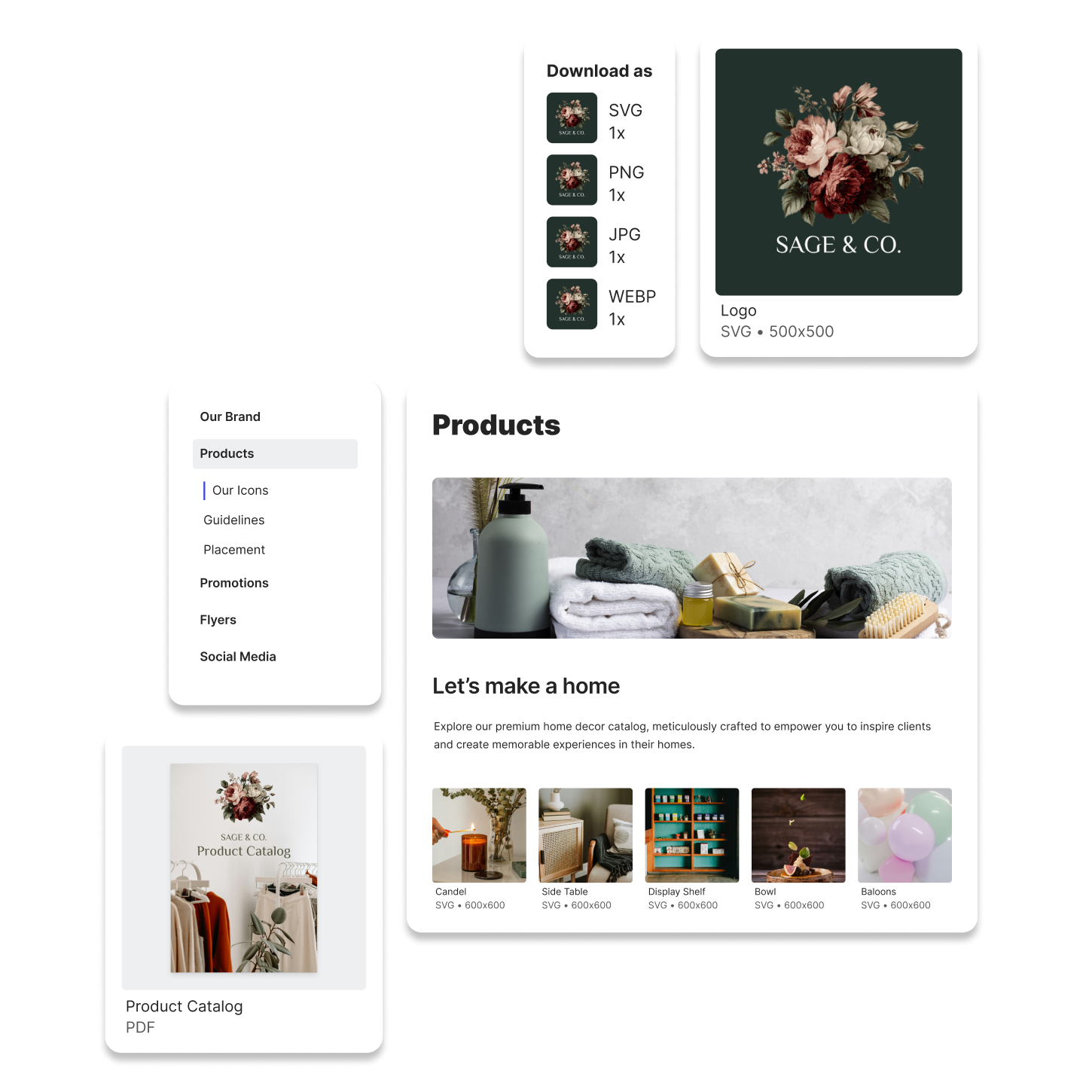 A collage of lingo features highlighting a lifestyle brand. Includes self serve export options, a navigation elemnt, a mix of logos, photography and contextual information about the brand.