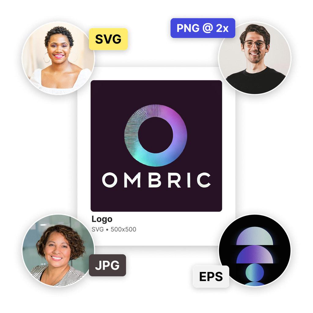 A company logo with profile images of team members, each with the type and dimensions they downloaded the logo at.