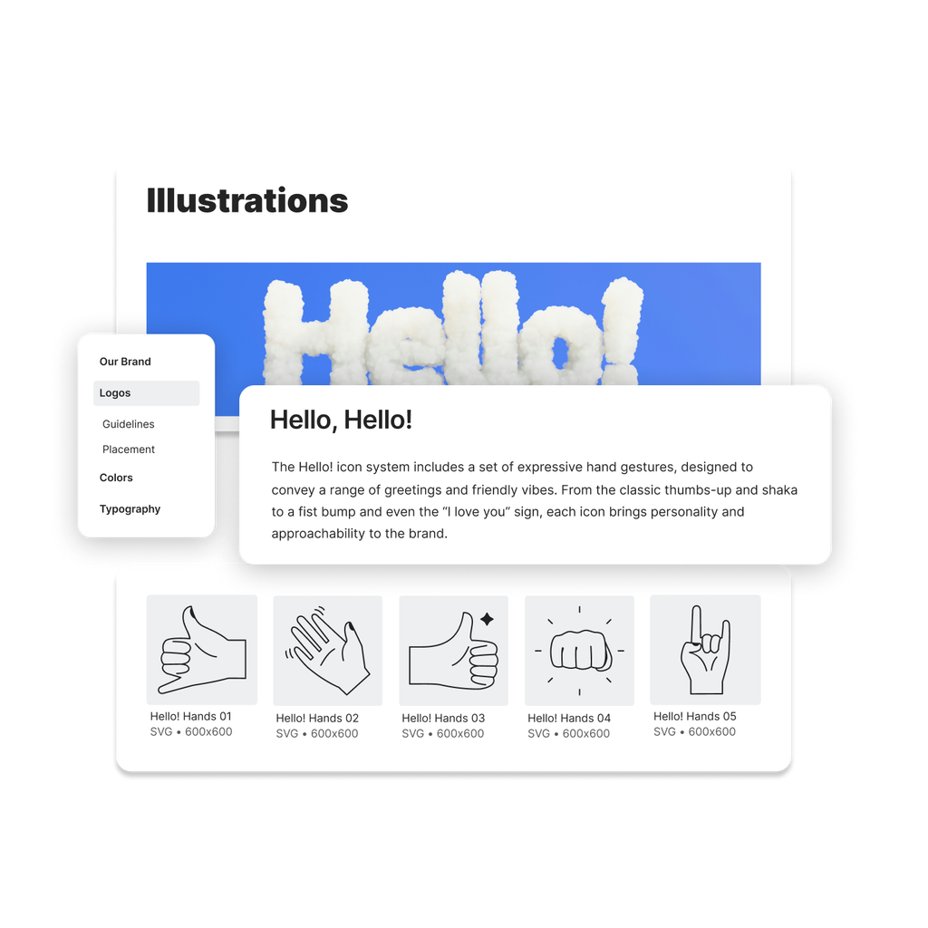 A brand portal including some contextual information along side their logo and icons